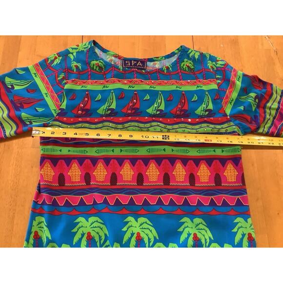 Spa Brand Dress Size Xl Tropical Print Beaded Palm Trees Sailboats Short Sleeves - Picture 5 of 8
